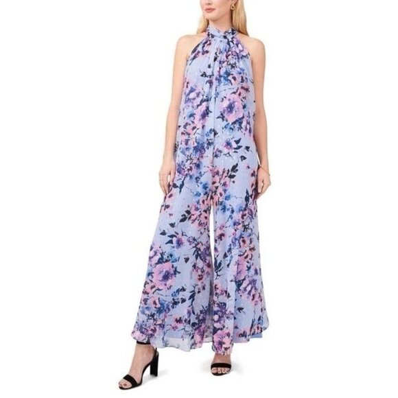 MSK Petite Women's Sz PL Light Blue Purple Floral Print Wide Leg Jumpsuit NWT - Picture 1 of 12